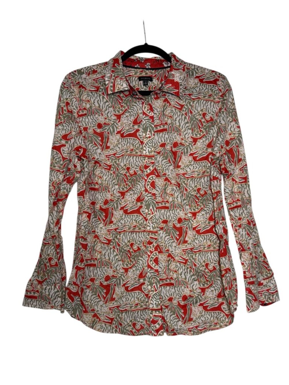 Talbots Grazing Tiger Cotton Button Front Shirt Animal Print Size L Green Red - Picture 2 of 8